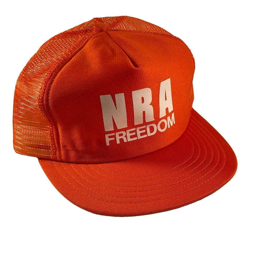 Vintage NRA Freedom Trucker Hat Snapback Orange Mesh Cap USA Blaze Orange-1980's